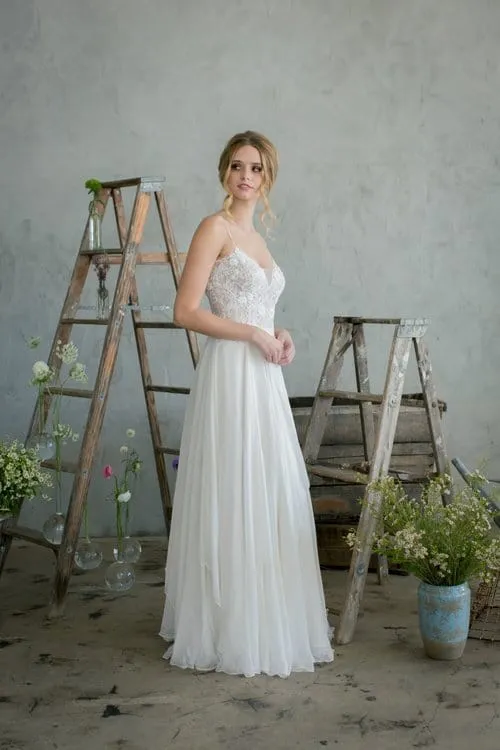 Silk Chiffon - Spaghetti Strap Hand-Beaded Sheath Wedding Dress, Ivory
