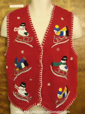 Sledding Snowmen Ugliest Bad Christmas Sweaters Vest