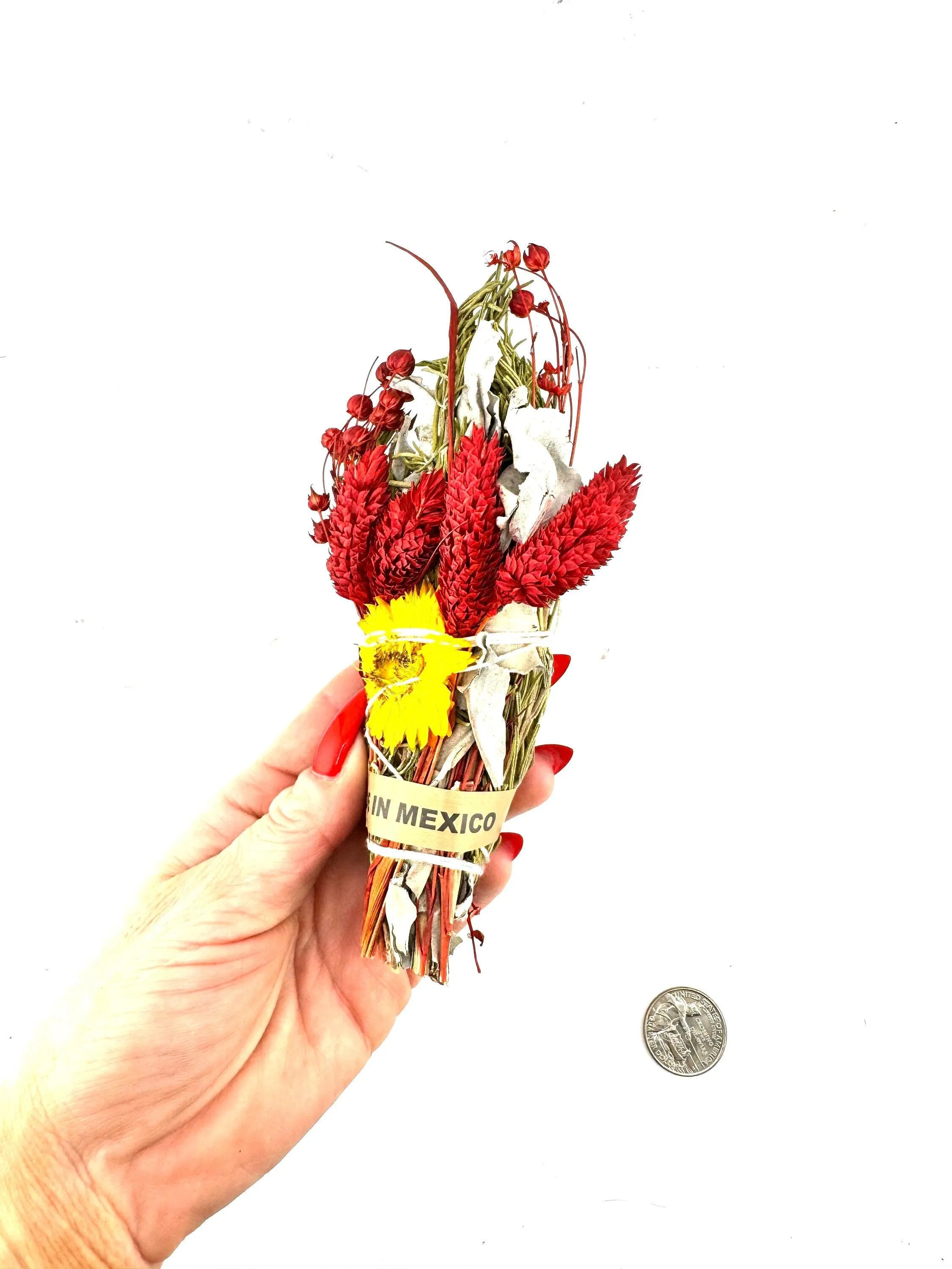 Smudge:  Rosemary, White Sage,Red Pearl, Red phalaris ,Red strawberry flower 4"