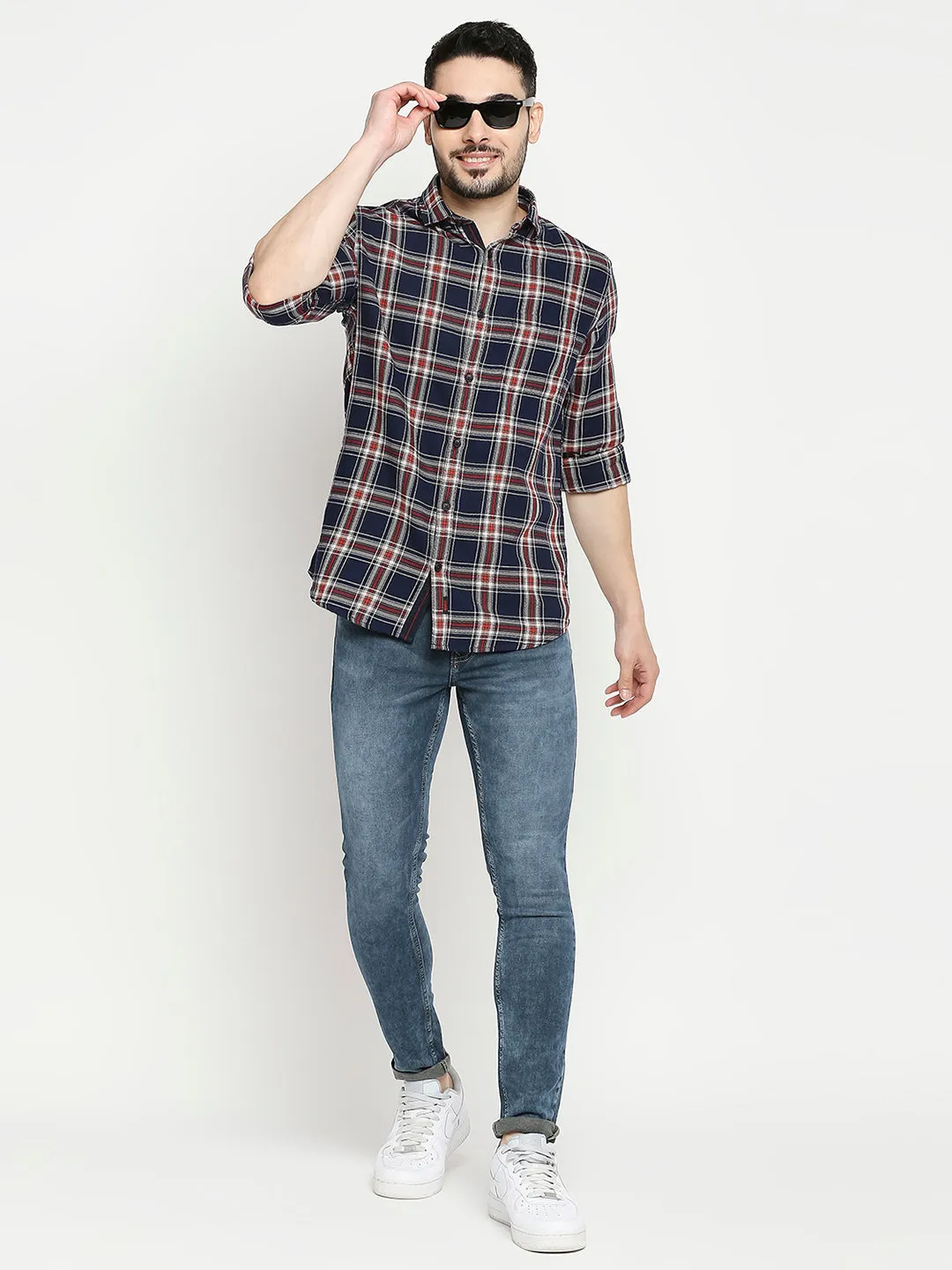 Spykar Navy Rust Cotton Full Sleeve Checkered Shirt For Men
