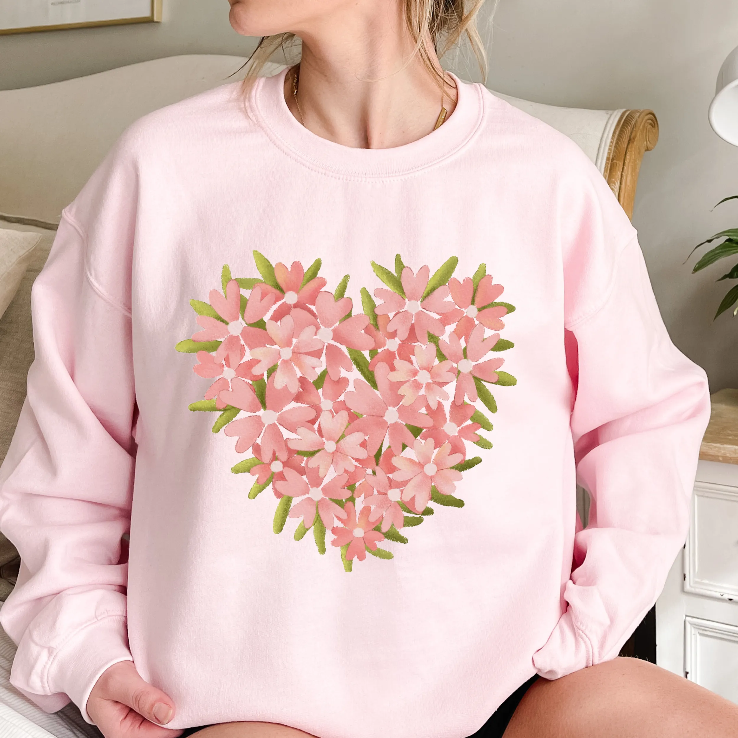 Valentine's Day Floral Heart in White Pink or Red Crewneck Sweatshirt Unisex Valentine's Gift Pretty Floral Heart Sweatshirt