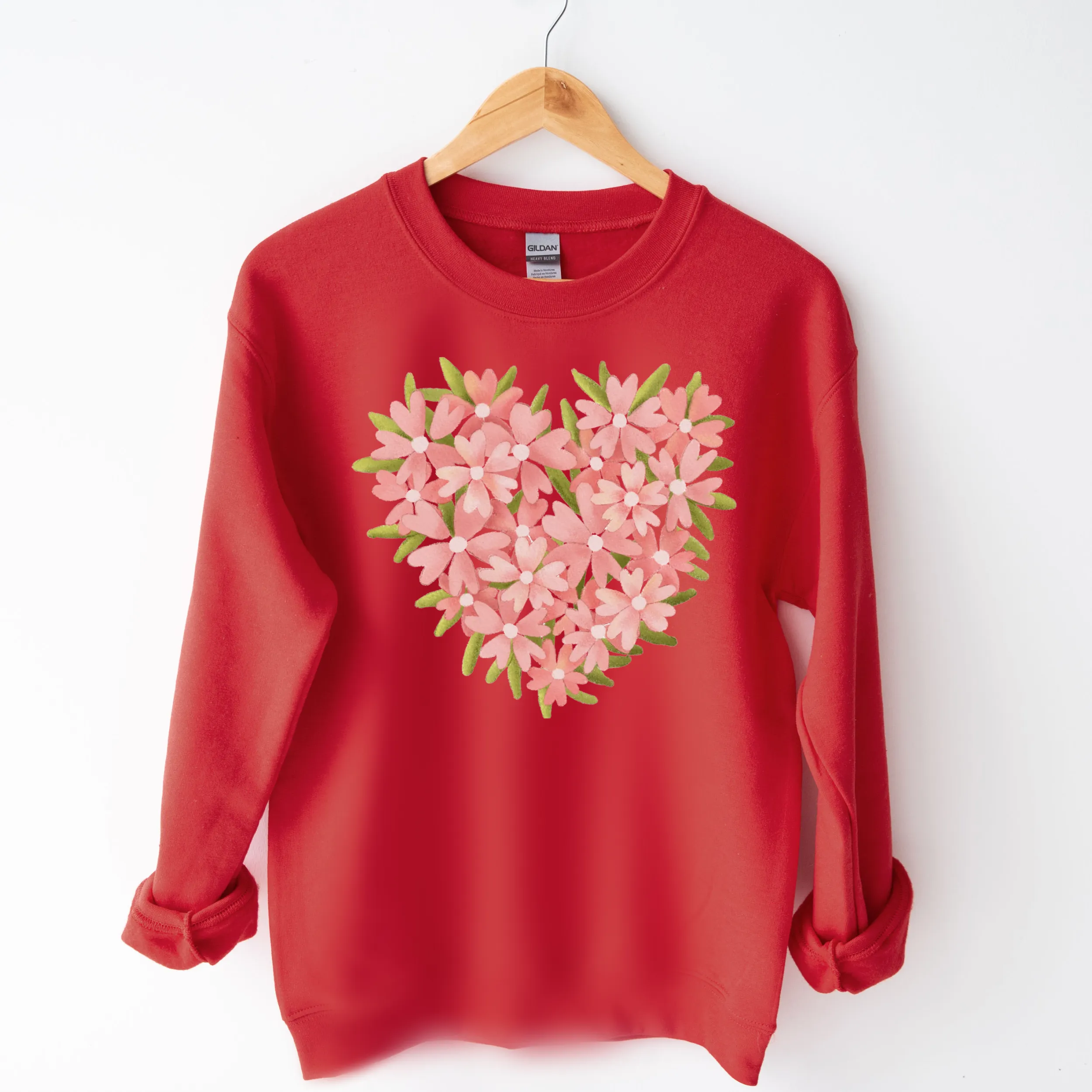 Valentine's Day Floral Heart in White Pink or Red Crewneck Sweatshirt Unisex Valentine's Gift Pretty Floral Heart Sweatshirt
