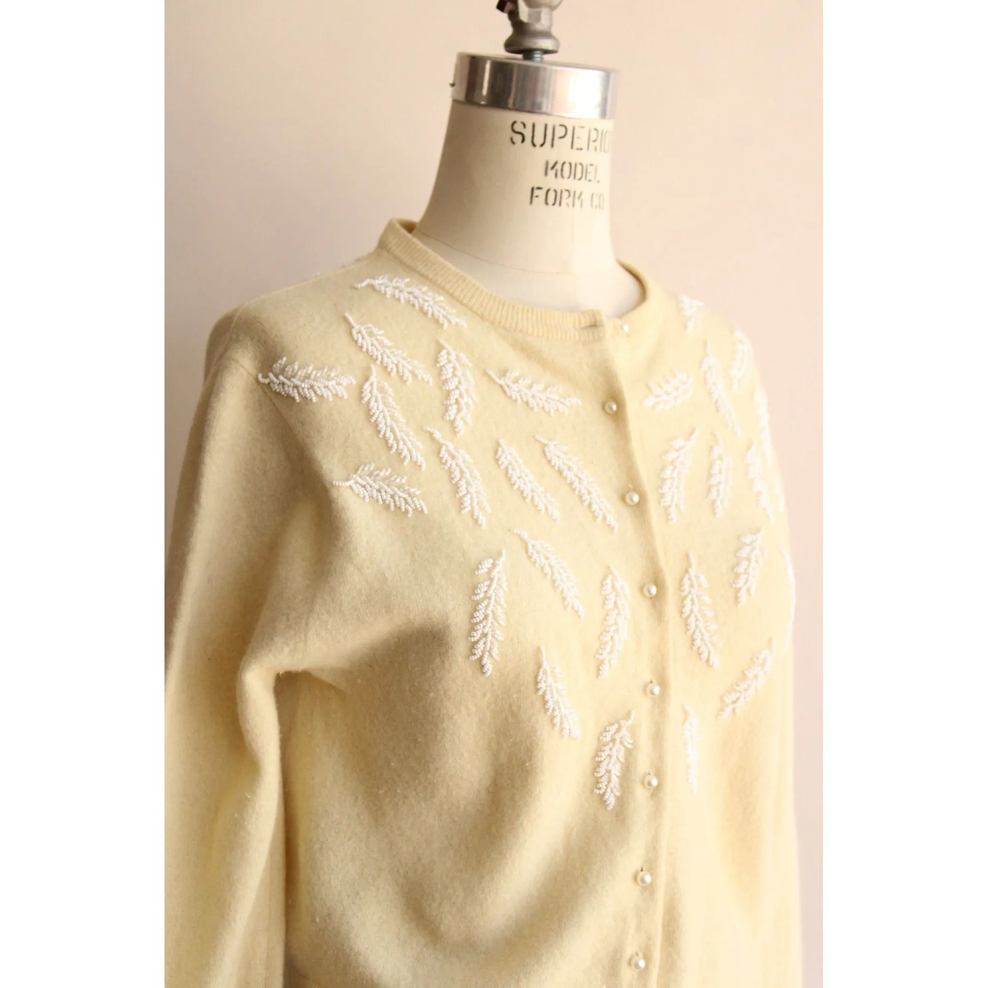 Vintage 1960s Ivory Wool Beaded Cardigan