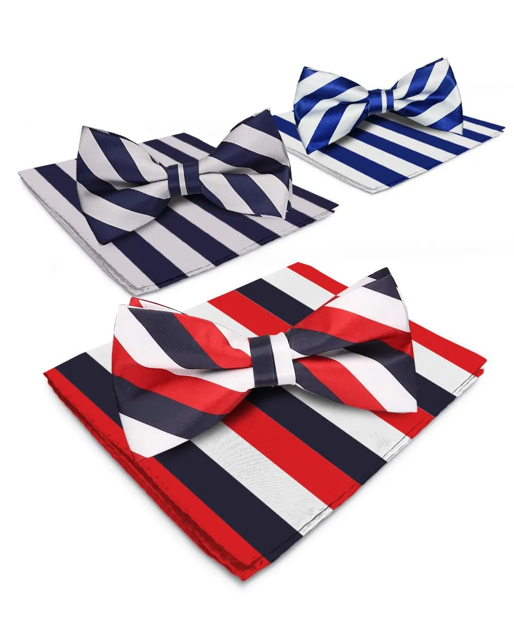 Vittorio Farina Men's Striped Satin Bow Tie & Pocket Square in Gift Box (Multipack)