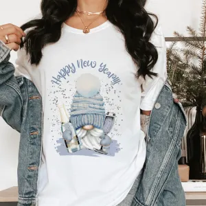 Women's New Year's Gnome Crewneck Sweatshirt or T-Shirt Cute Blue Gnome Happy New Year Design in a Cozy, Warm Winter Shirt